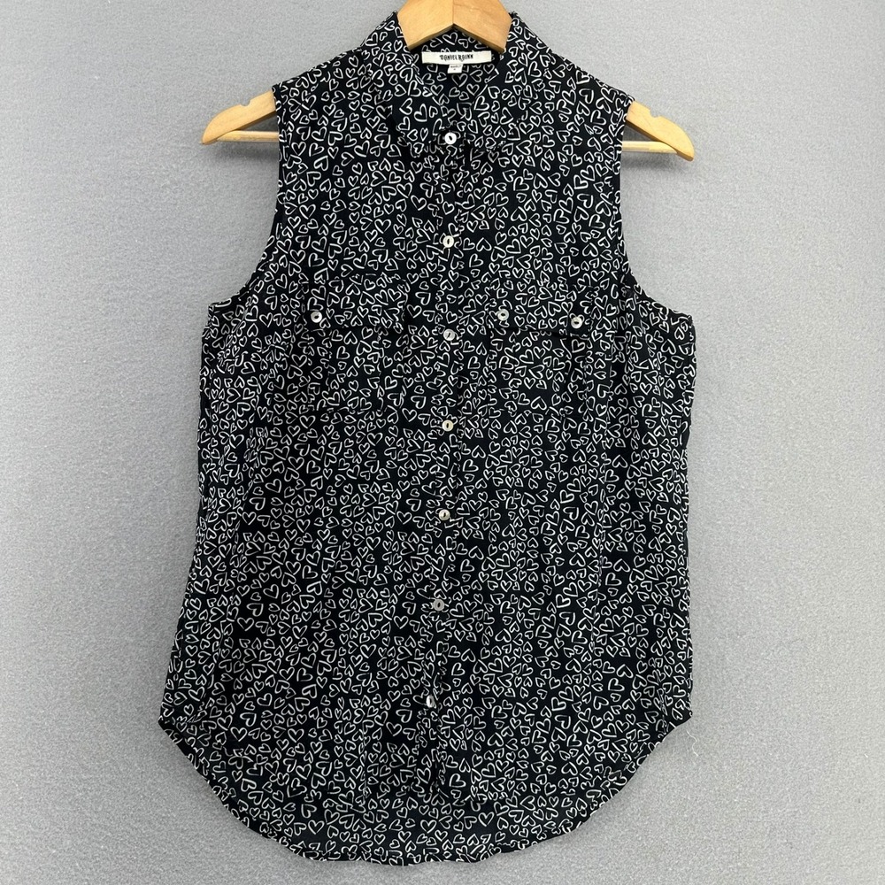 Y2K Daniel Rainn Button Down Blouse Heart AOP Monochrome Women S Preppy Paris - Picture 3 of 8
